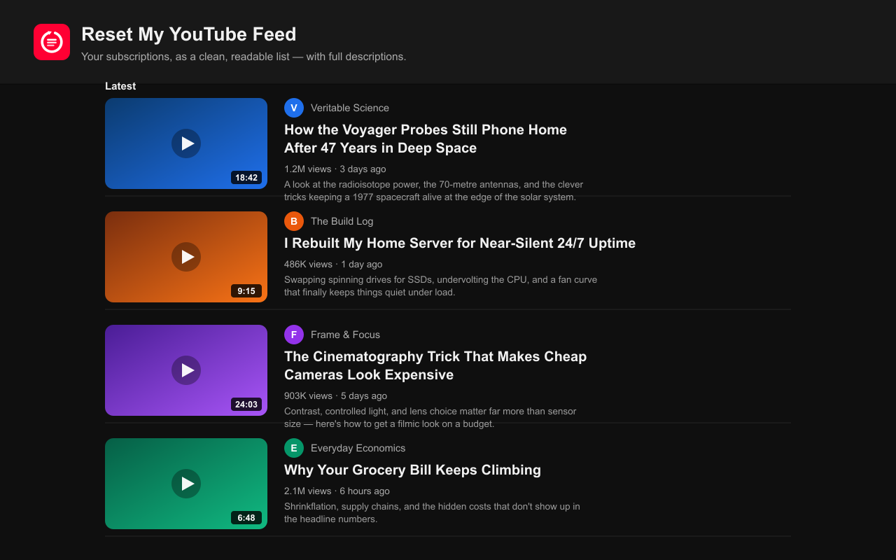 Reset My YouTube Feed showing the subscriptions page as a clean single-column list of videos