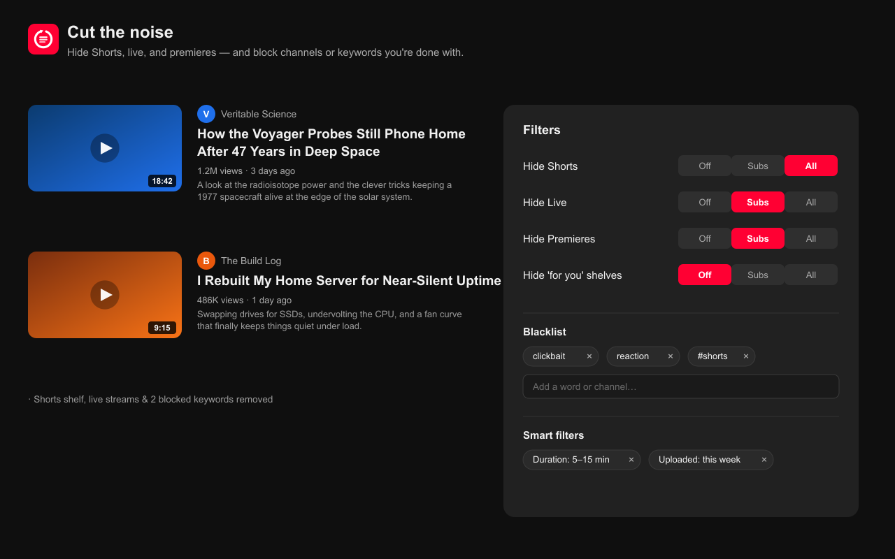 Filter controls for hiding Shorts, live streams, premieres, and blacklisted keywords