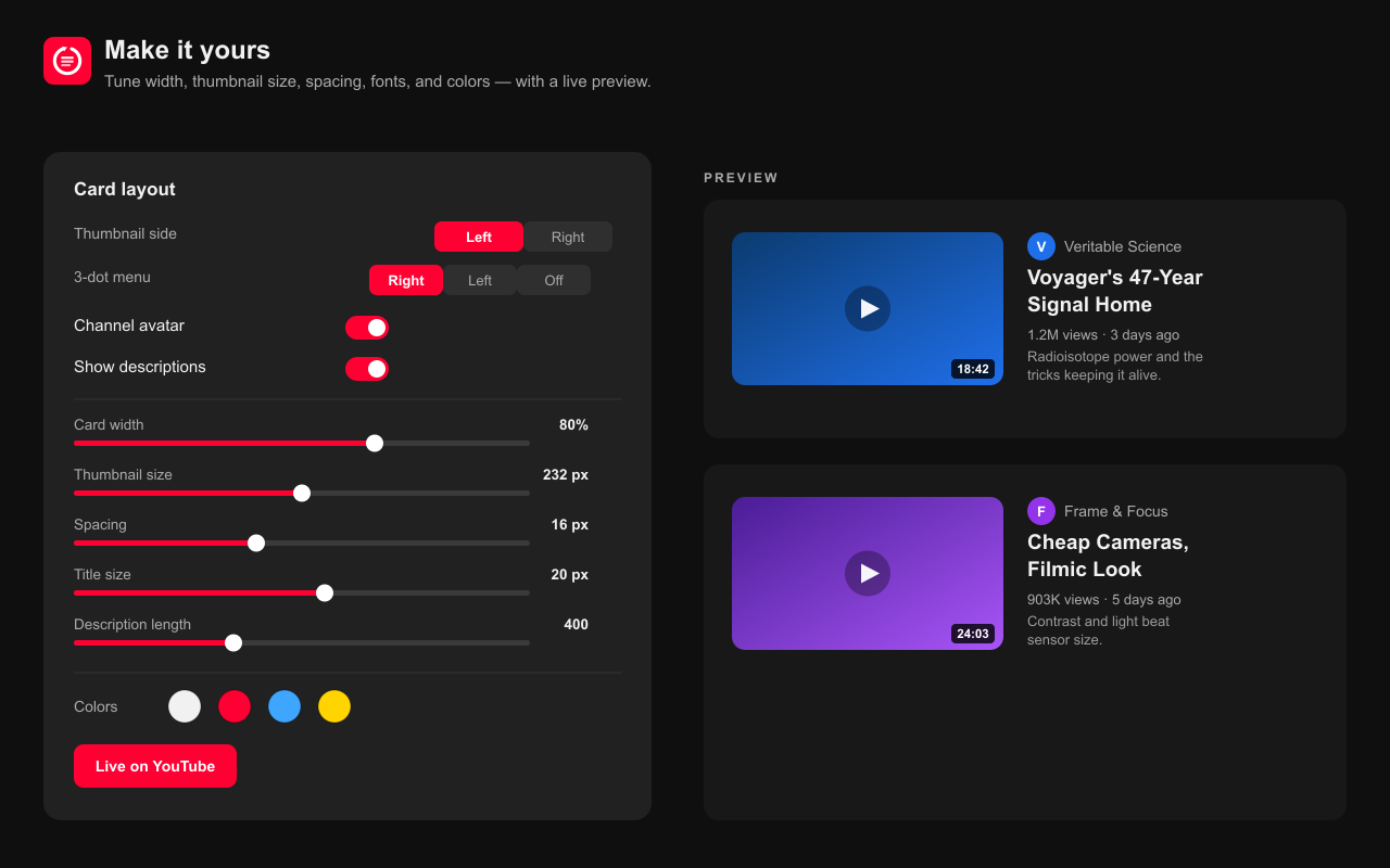 The layout editor with sliders for width, thumbnail size, spacing, fonts, and color pickers, showing a live preview